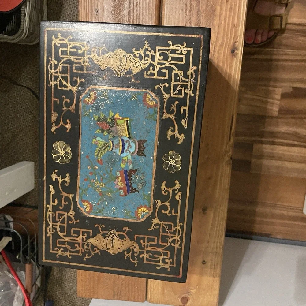 Vintage Chinese Wood Gilt Painted Lacquered  Box W/Cloisonné Medallion